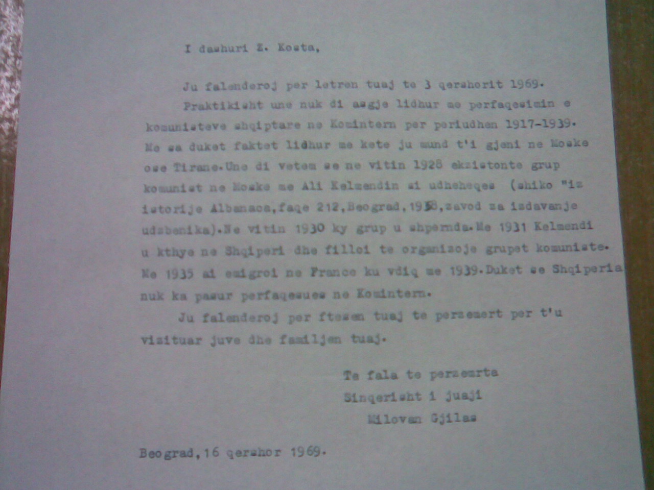Letra e Milovan Gjilas dërguar Nikolla Kostës që i bie në dorë Enver Hoxhës