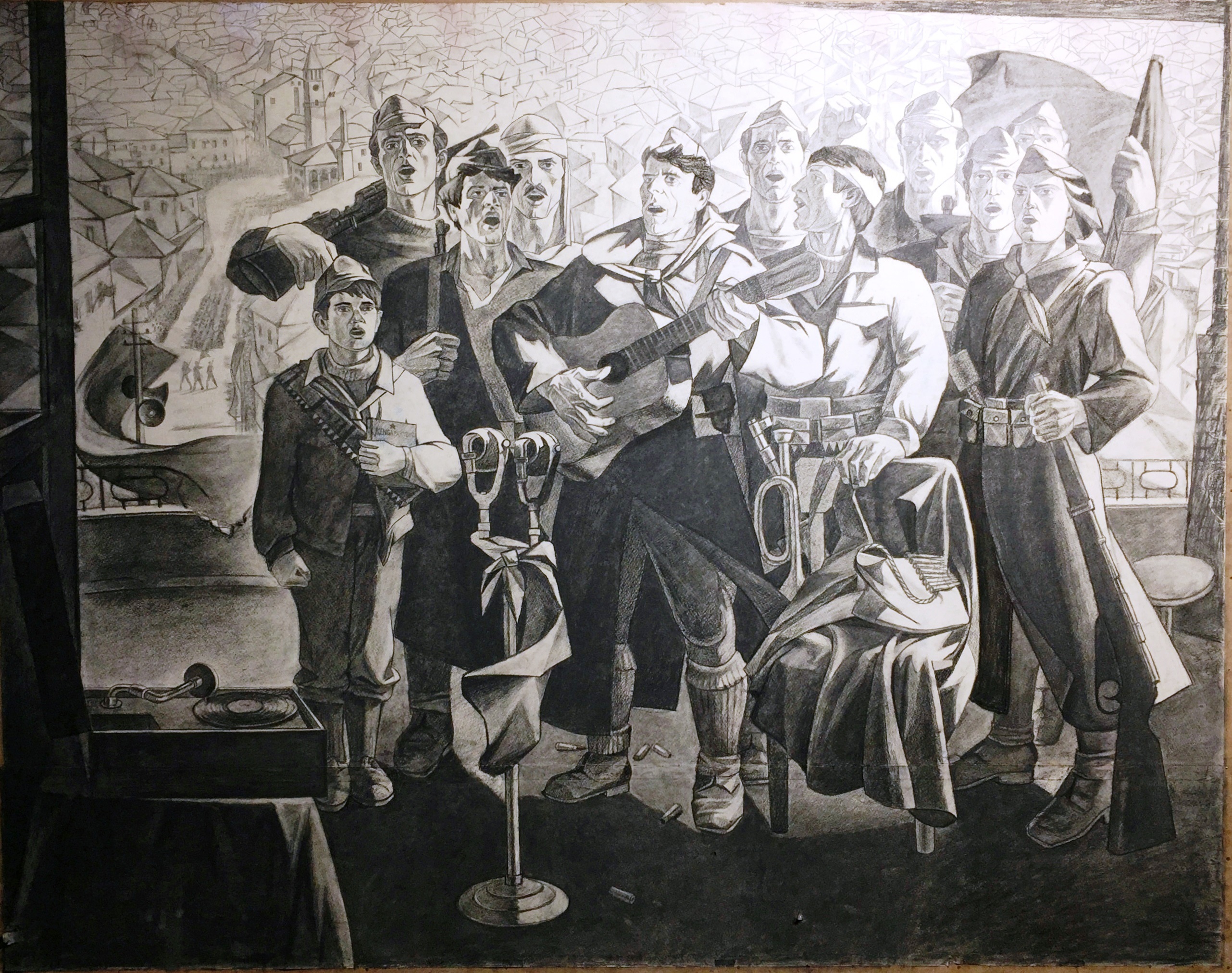 Pëllumb Bylyku, (1989) First Partizan song from Radio Tirana _ Charcoal and black pencil on paper _ 116 x 147.5 cm